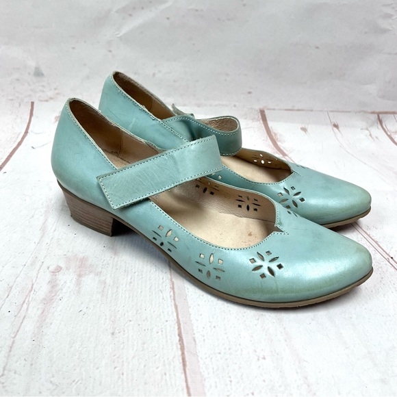Anthropologie Fidji Aqua Leather Filigree Cutout May Janes - Picture 4 of 7